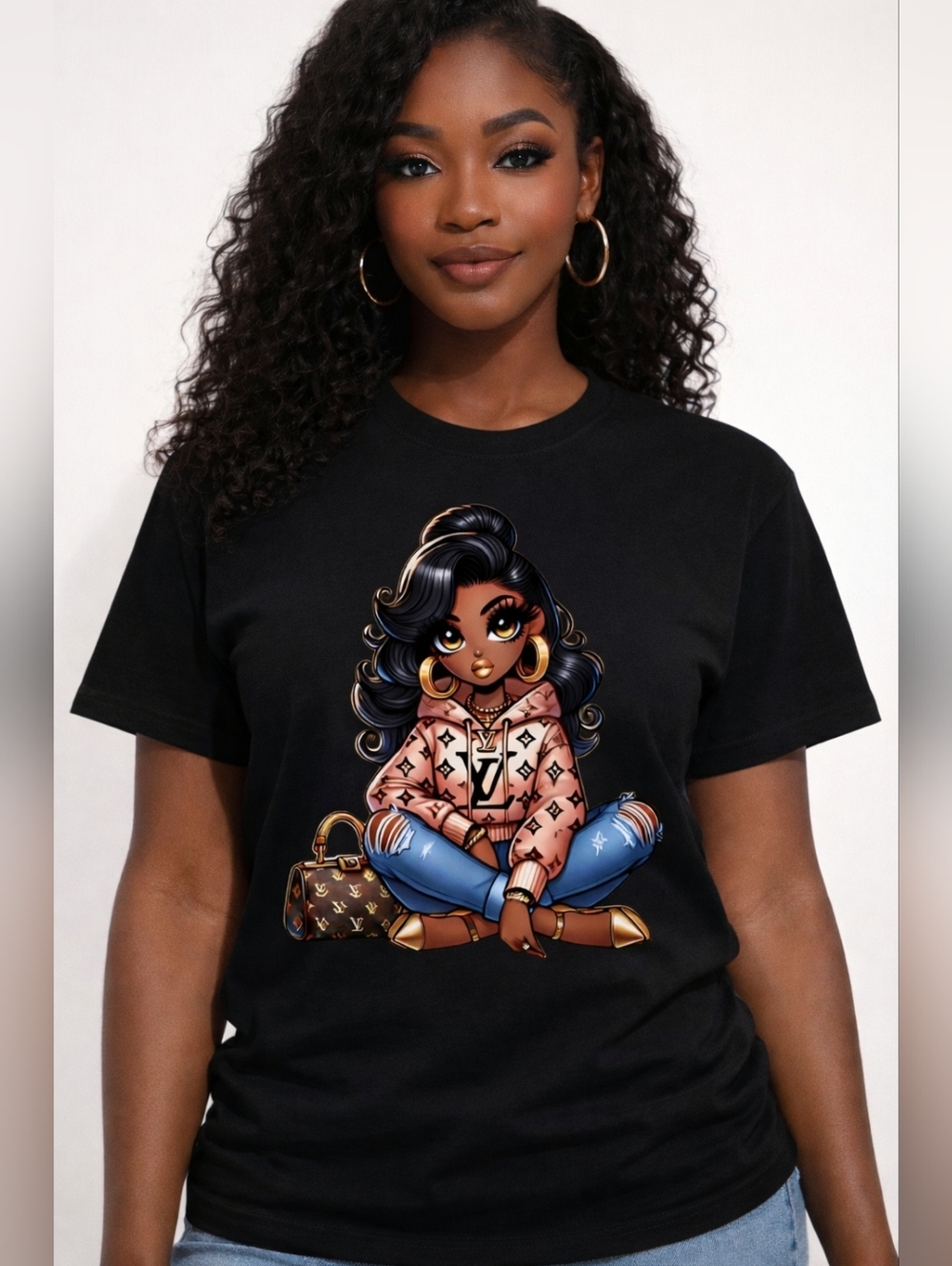Trendy Graphic tshirt | Cute Girl Design | Black Crewneck Tshirt
